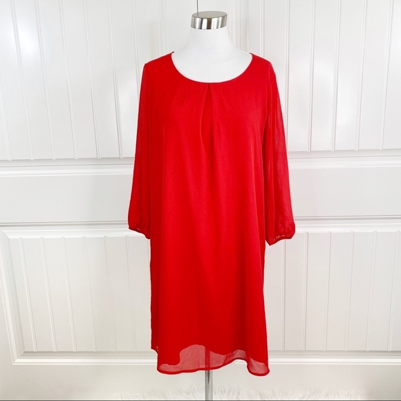 Pleione Hot Coral Red Chiffon A-line Shift Dress - Picture 2 of 5